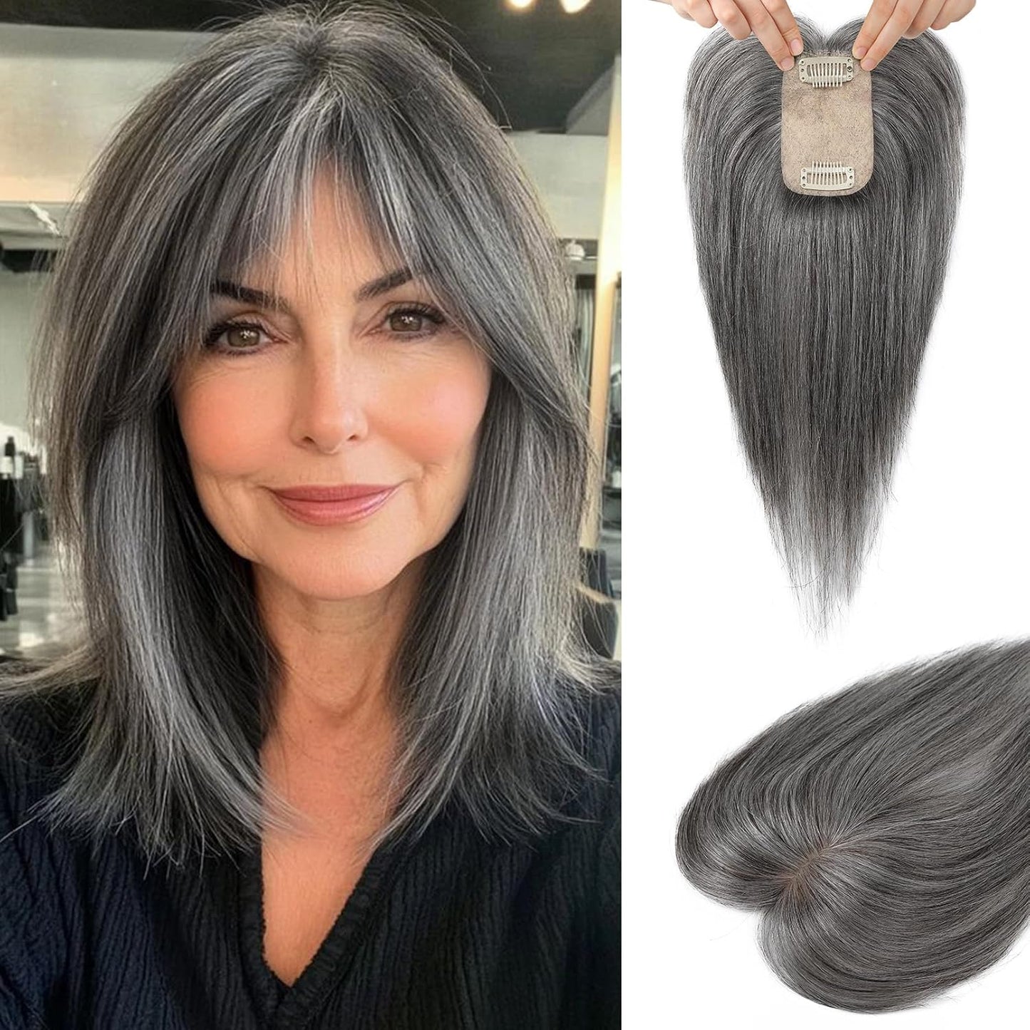 Real Human Hair Toppers for Women - 10 Inch Clip-In Bangs | 150% Density Silk Base - Medium Brown with Blonde Highlights