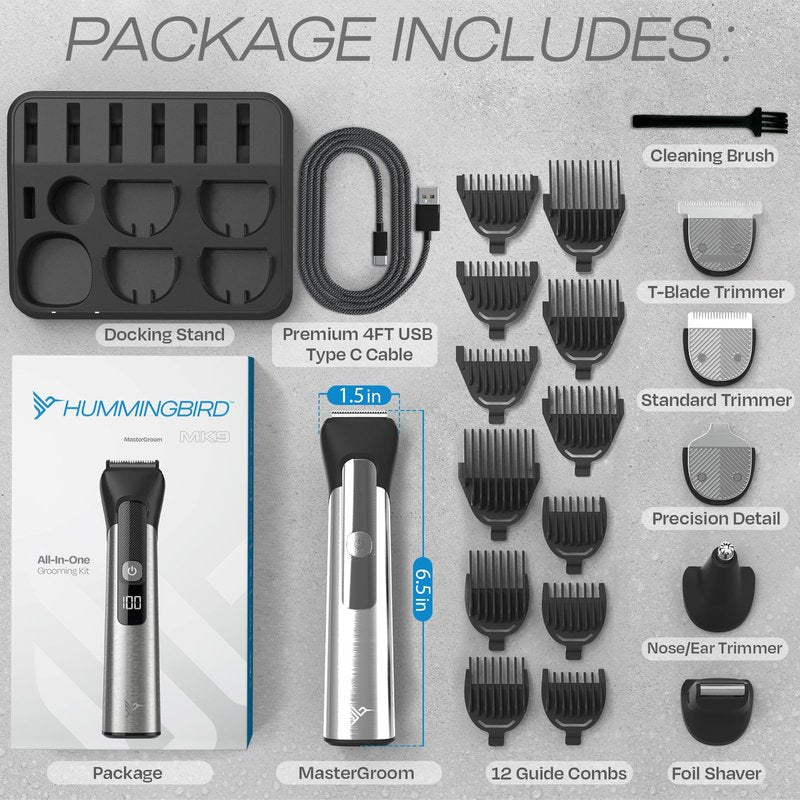HUMMINGBIRD MK9 MasterGroom All-in-One Trimmer – 21-Piece Men's Grooming Kit for Beard, Head, Hair, Body, and Face, Waterproof, Stainless Steel, USB C Rechargeable, LED Display