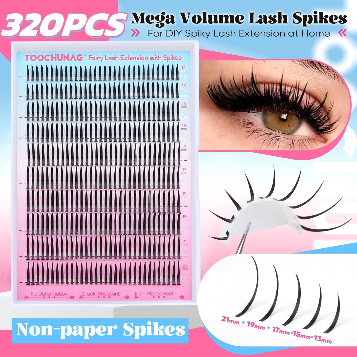 Lash Spikes 320pcs Spiky Lash Clusters 13-21mm D Curve Volume Spiky Cluster Eyelash Extensions Fairy Spike Eyelash Clusters for DIY Professional Individual Lash Extension by TOOCHUNAG
