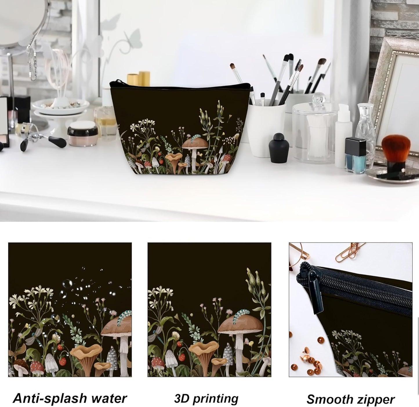 Cosmetic Bag - Mushroom Print Makeup Organizer for Women | Water-Resistant Travel Pouch 9.5x5.9 Inch
