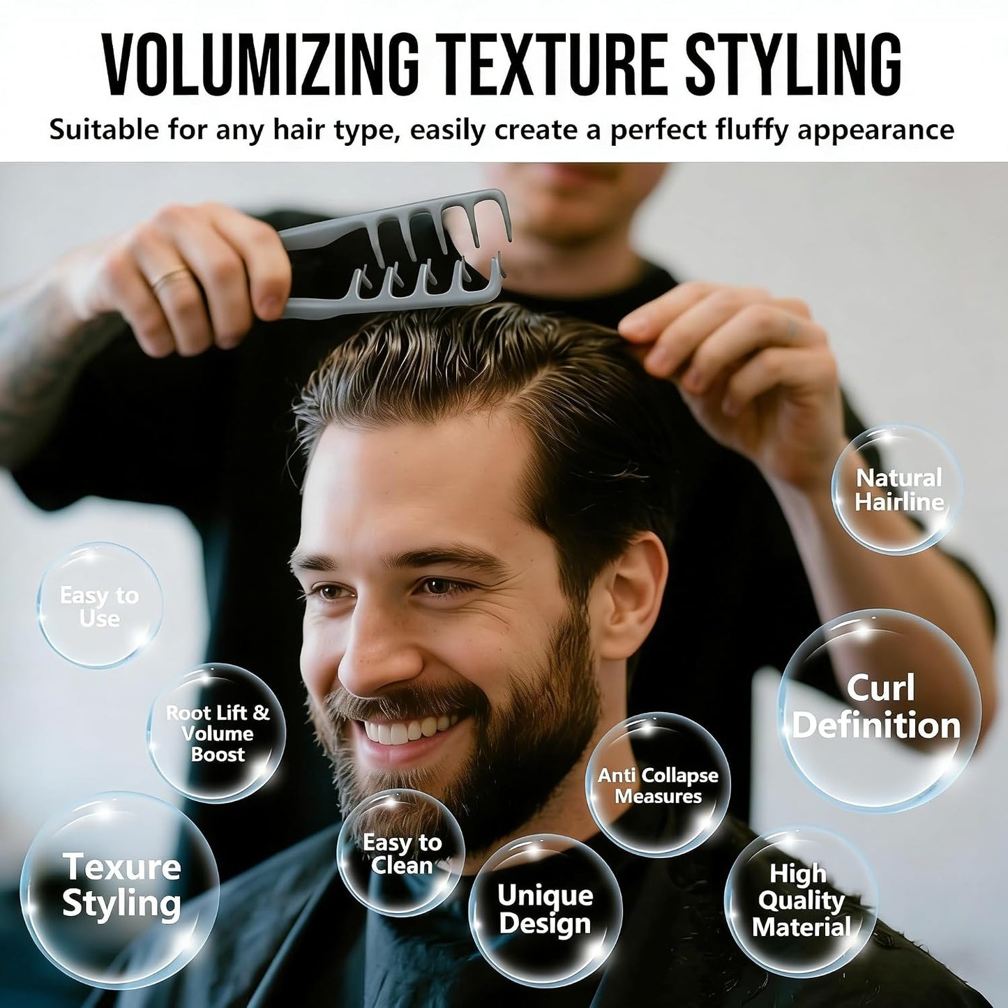 Voluminous Wide-Toothed Hair Comb Set - 2 Pcs Dual-Purpose Tool | Textured Grip, ABS Plastic, Black & Grey