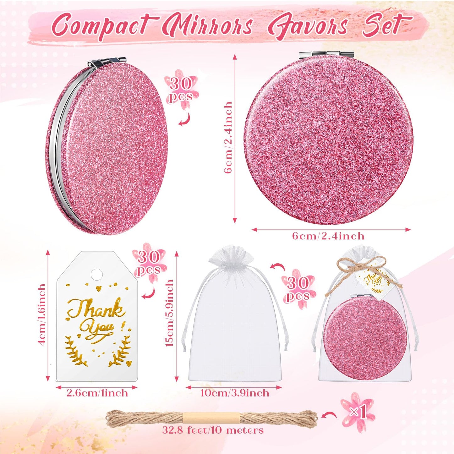 Chunful 30 Set Compact Mirrors Gifts with Thank You Card Quinceanera Party Favors for Guests Women Bridal Shower Wedding Bridesmaids Bachelorette (Pink)