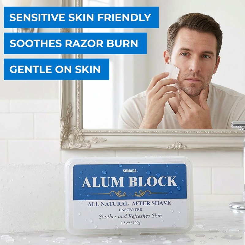 SOMADA Alum Block for Men – 3.5Oz/100g Natural Aftershave Stone, Potassium Alum Post-Shave Treatment, Soothes Razor Burn & Nicks, Astringent Skin Toner, Includes Travel Case. Styptic Natural Deodorant