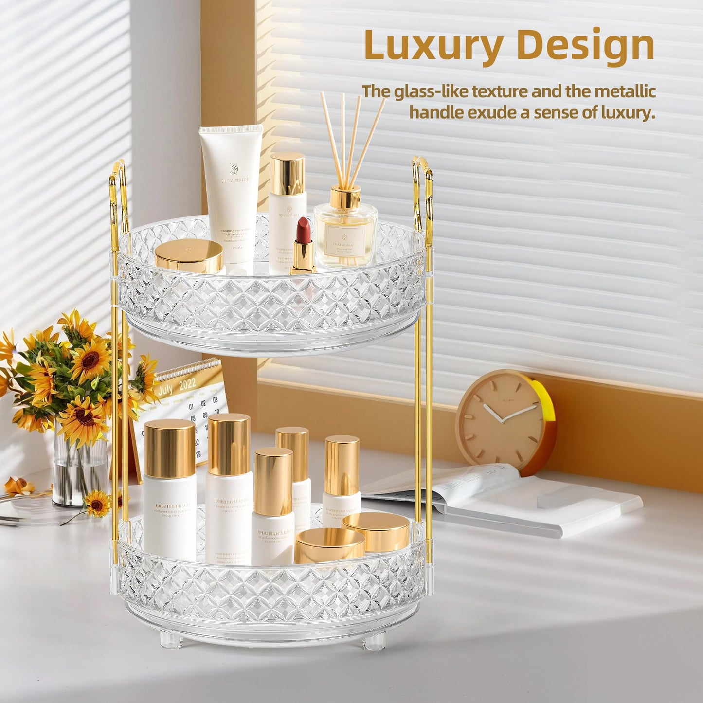 LAREKUN 360 Rotating Makeup Organizer for Vanity, 2Tier Adjustable Perfume Organizer for Dresser, Multi-Function Spinning Cosmetics Skincare Storage for Bedroom, Dresser, Countertop, Clear