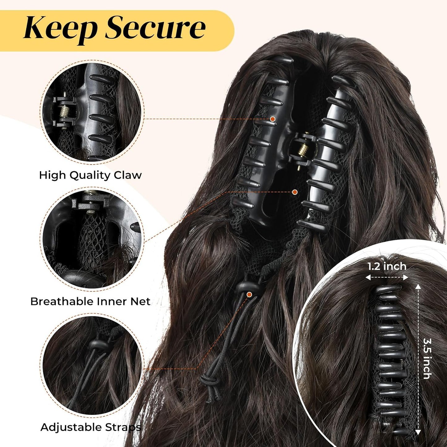 Ponytail Extension - 18" Wavy Claw Clip Hairpiece | Synthetic Curly Ponytail - Black Brown