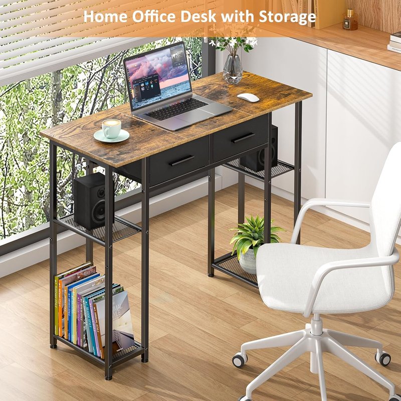 Computer Desk with Drawers - 37.3 Inch Home Office Workstation | Small Space Study Table in Brown