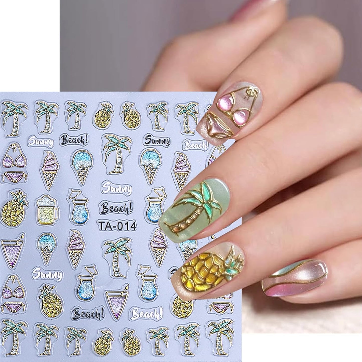 5D Embossed Beach Nail Stickers - Ocean-Themed White & Gold Shell & Starfish Designs | 2PCS Self-Adhesive Nail Art for Summer Manicure