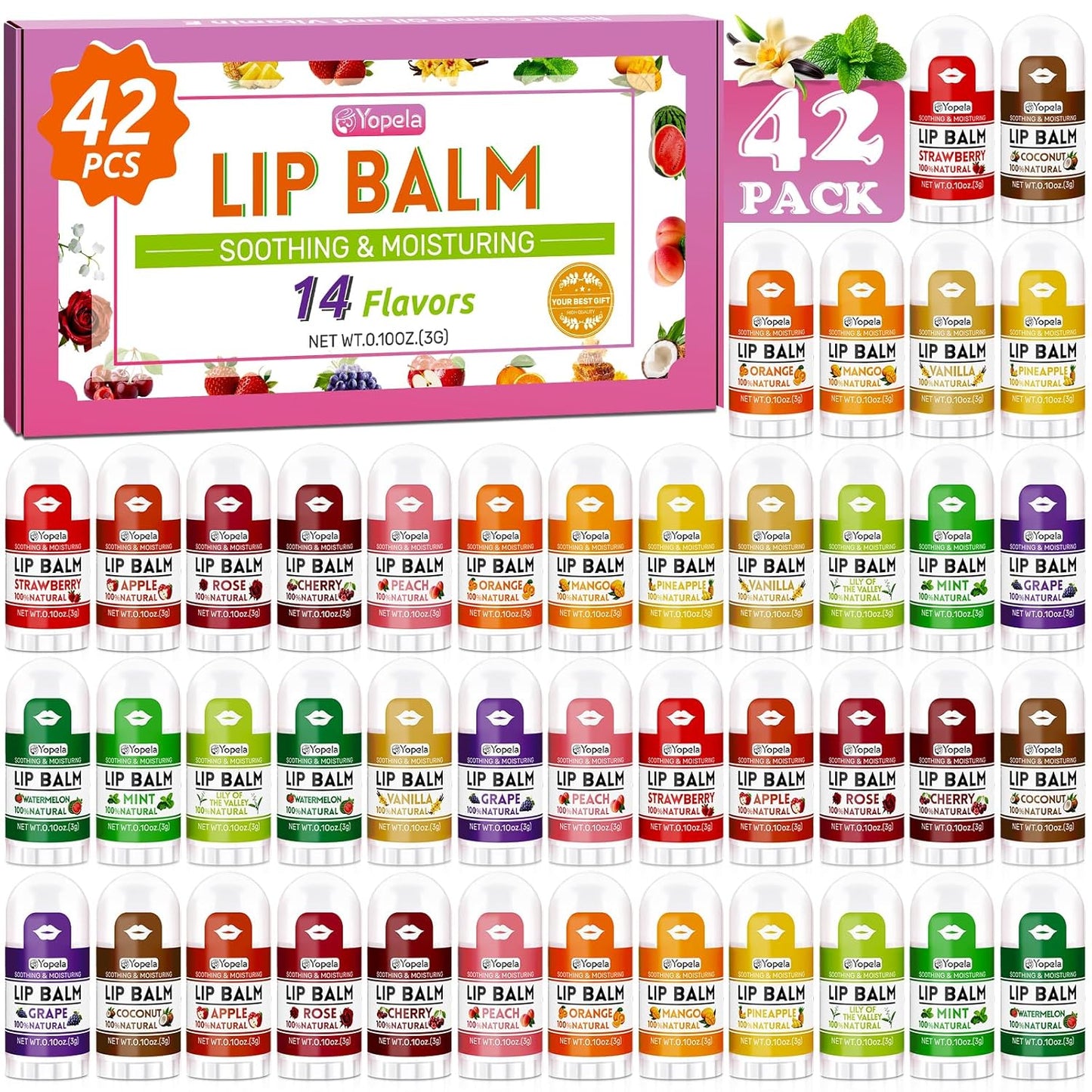 Mini Lip Balm Bulk 42 Pack | Natural Moisturizing Chapsticks with Vitamin E & Coconut Oil - 14 Flavors for Kids & Adults