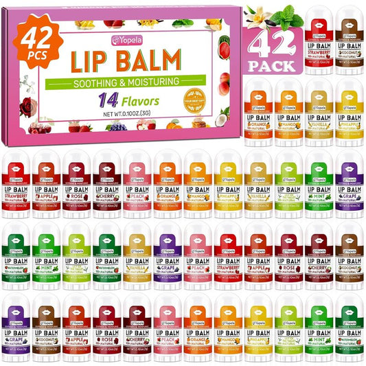 Mini Lip Balm Bulk 42 Pack | Natural Moisturizing Chapsticks with Vitamin E & Coconut Oil - 14 Flavors for Kids & Adults