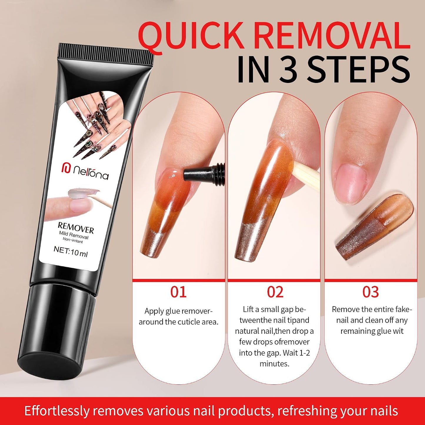 Semi Solid Nail Glue - Quick Drying 10ml for Press-On Nails | Long Lasting 30+ Days, Includes Remover Kit