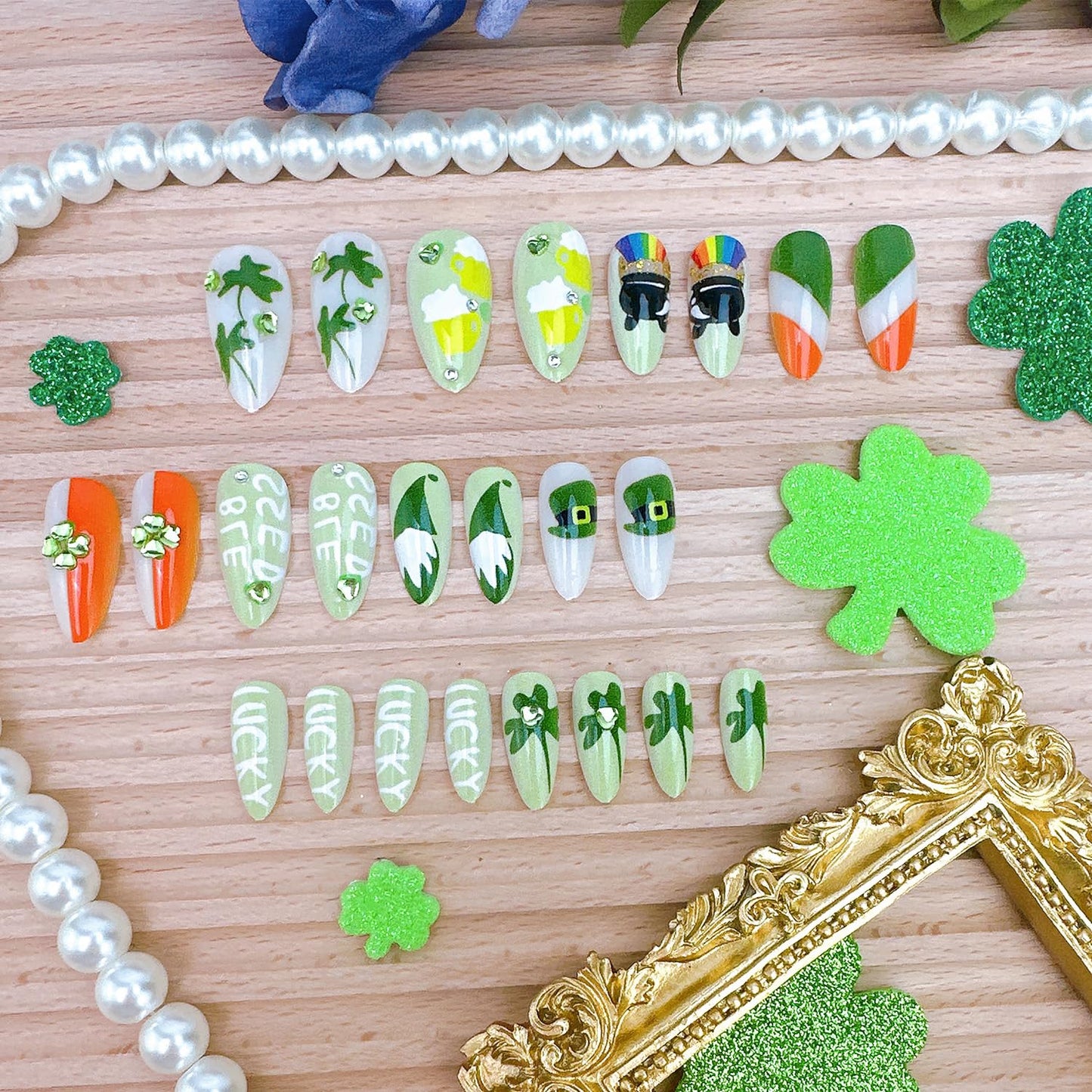 St. Patrick's Day Press On Nails - 24Pcs Medium Almond Acrylic with Shamrocks & Rhinestones | Dwarf Hat Design