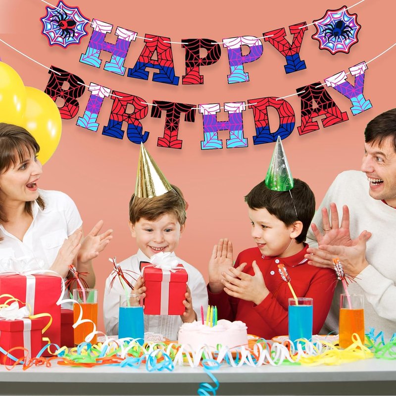 Spider Theme Birthday Banner - Pre-Strung Decorations for Kids' Parties | Red, Purple, Blue