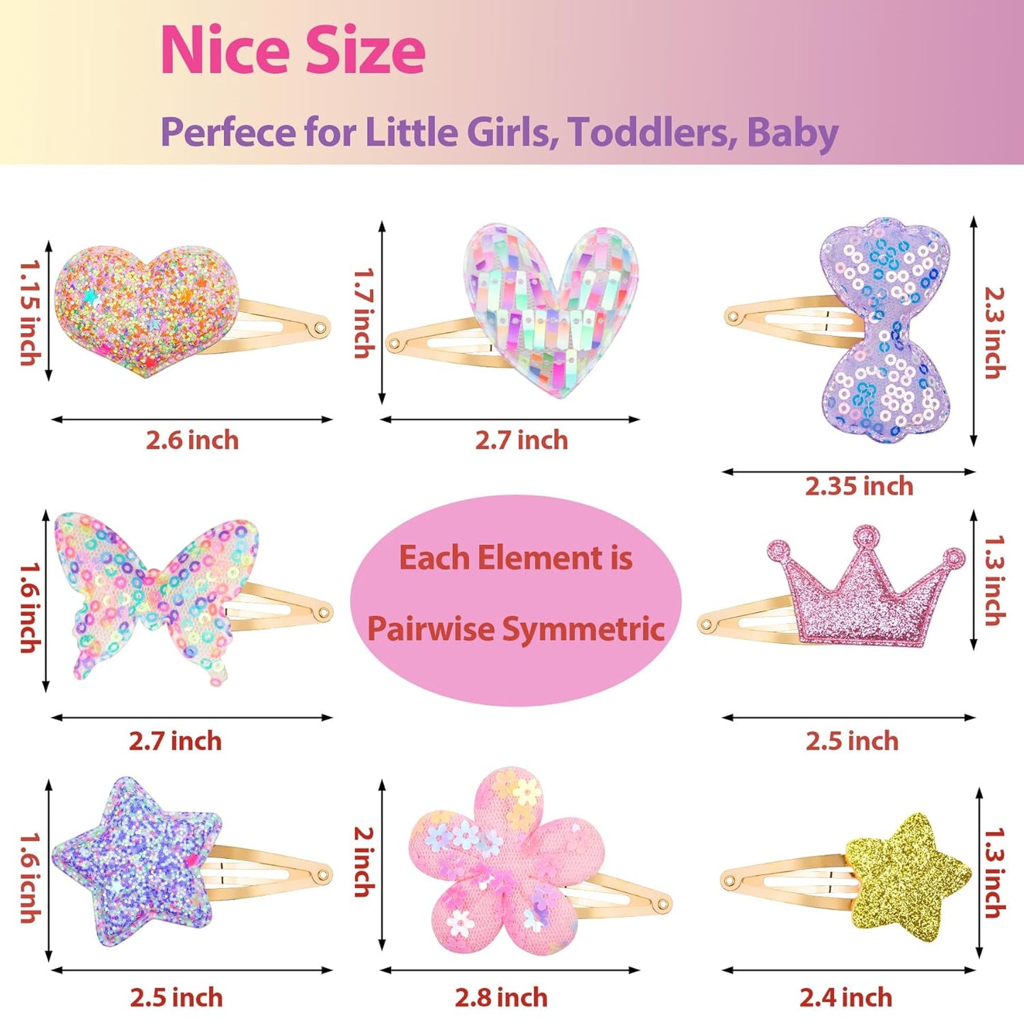 Hair Clips Set - 16 Sparkly Metal Snap Barrettes for Girls | Flower, Star, Crown, Heart & Butterfly Designs