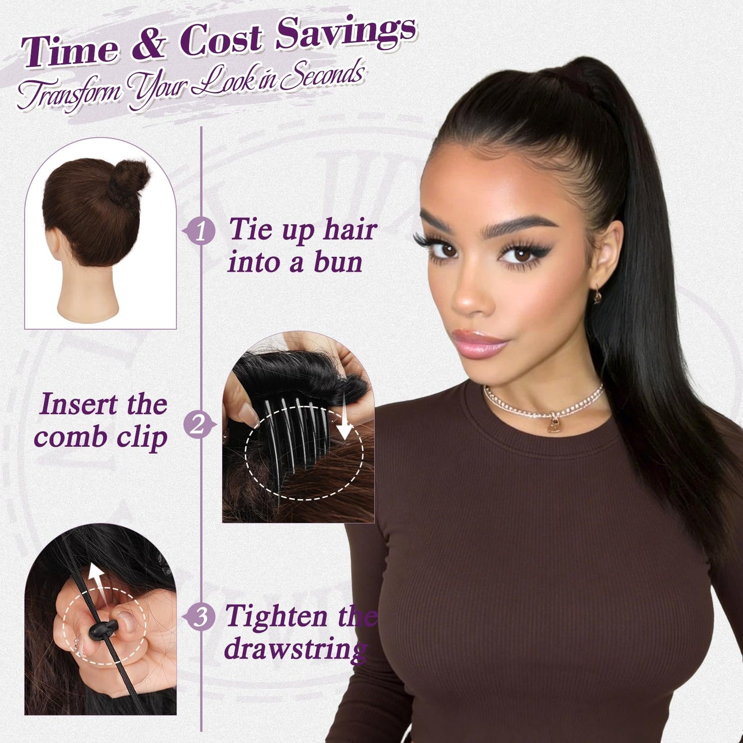 BARSDAR Black Brown Straight Ponytail Extension - 16 Inch Short Straight Drawstring Ponytail Extension Natural Soft Synthetic Cheer Posh Pony Tails Hairpieces Daily Party Cheer Competition