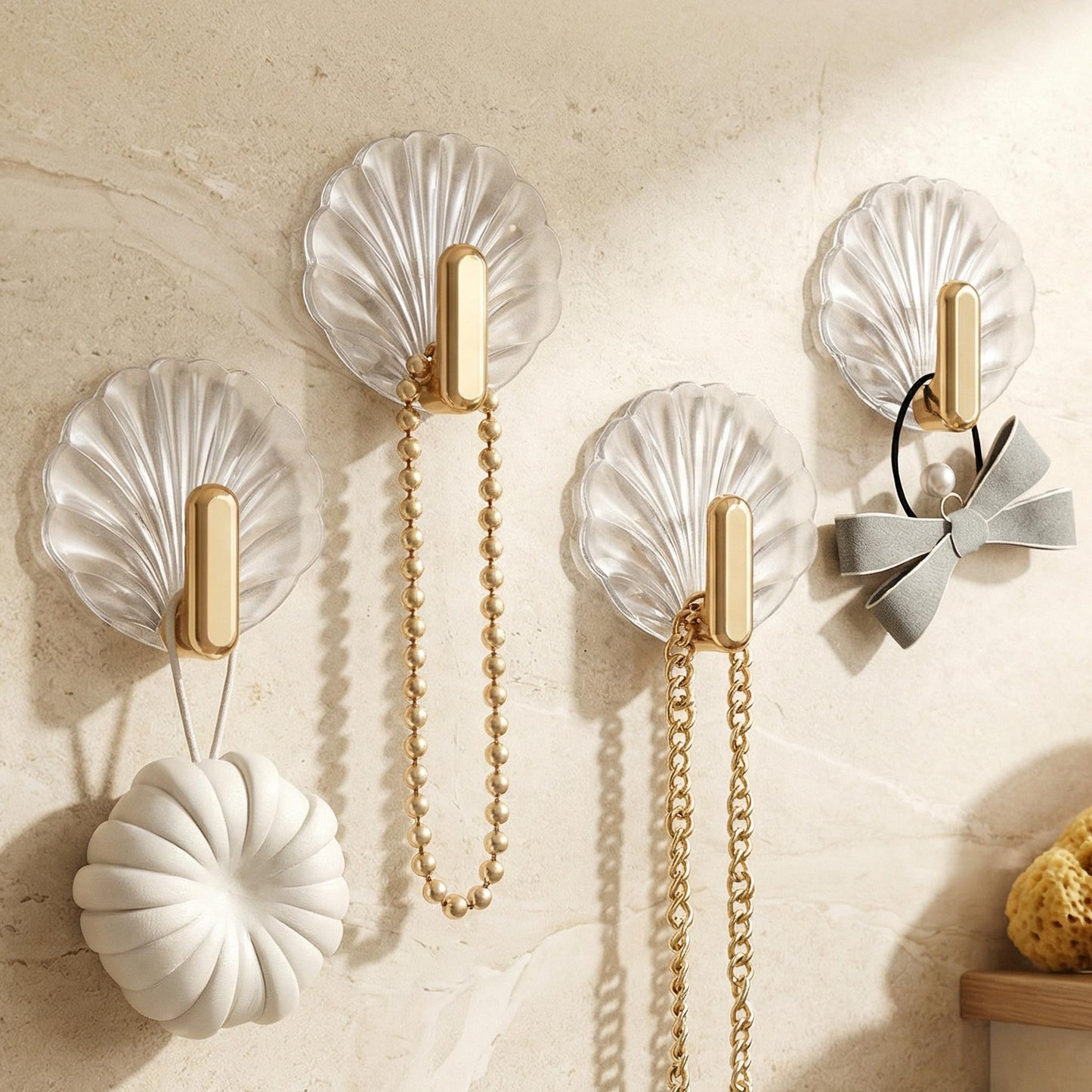 4 Pack Seashell Adhesive Wall Hooks, Decorative Shell Hangers for Towels Keys Jewelry, Heavy Duty No-Drill Hooks for Bathroom Shower Kitchen, Coastal Home Decor Gift (Clear with Gold Hook)