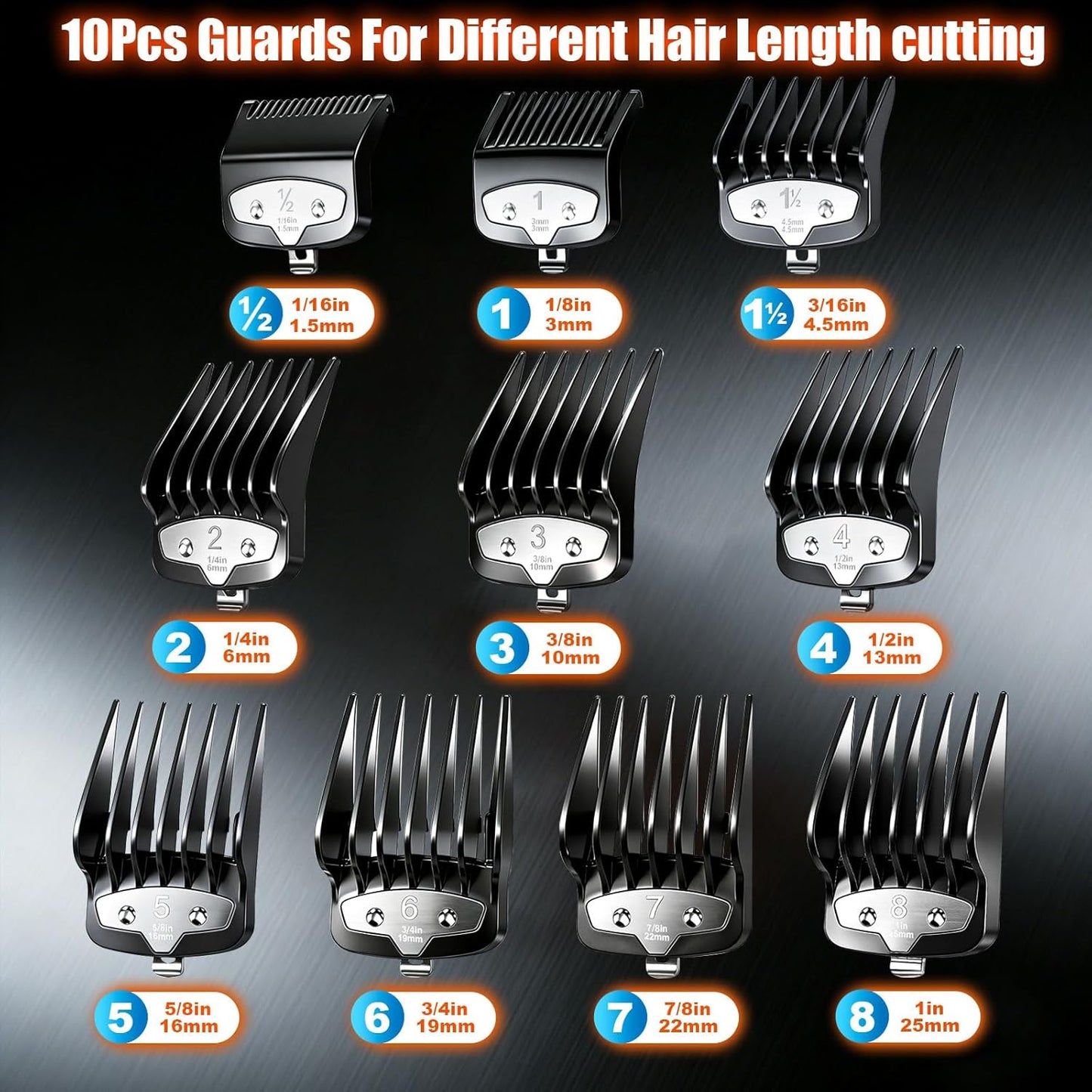 Wahl Clipper Guards Set - Replacement Cutting Guides for Precision Trimming | 10-Piece Set (1/16" to 1") - Black
