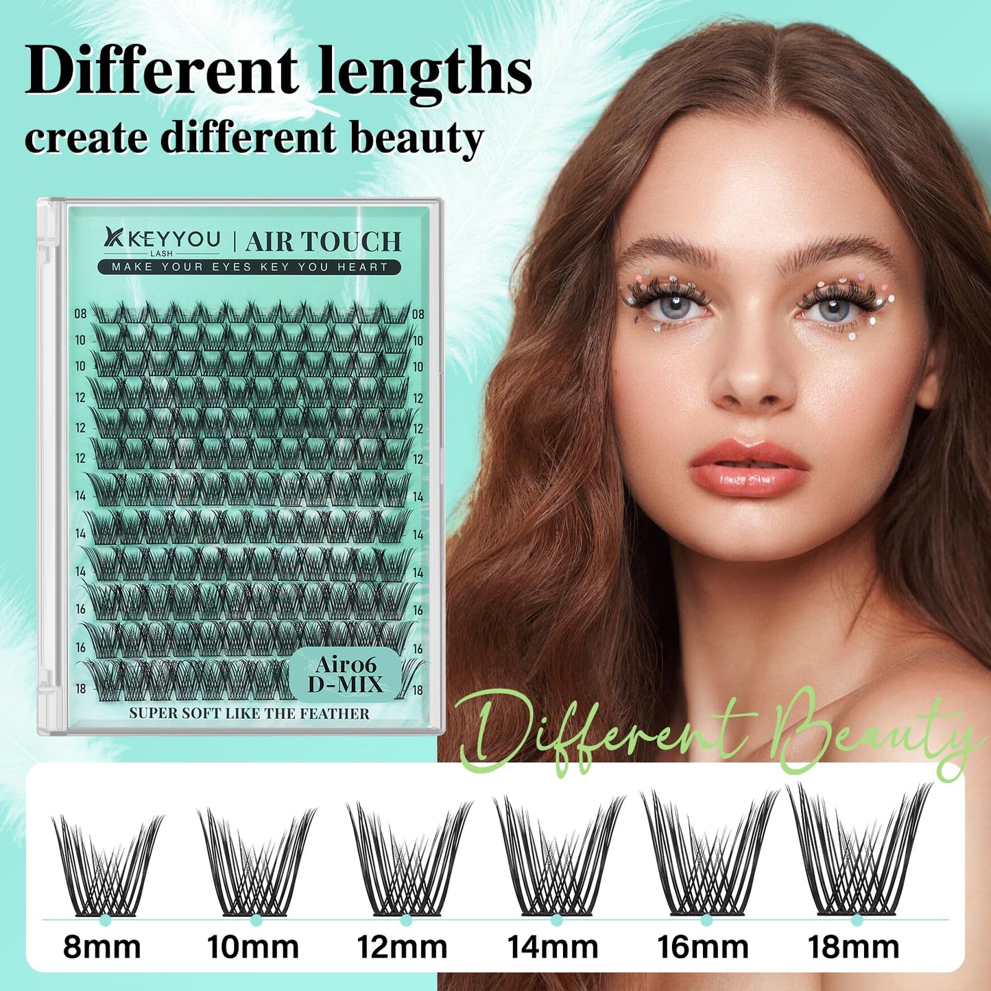 KEYYOU Lash Extension Kit 144pcs Air Touch Lash Clusters with Bond and Seal Lash Applicator Remover D Curl DIY Eyelash Extension Kit Easy to Apply at Home(Air06Kit-D-8-18Mix)