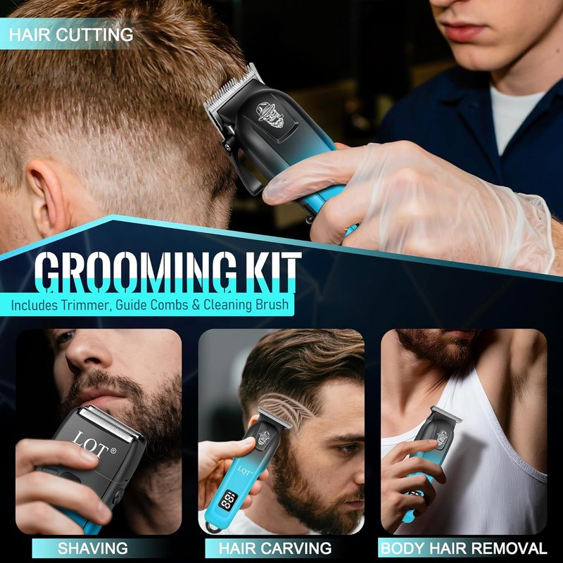 Professional Hair Clippers for Men - Cordless Barber Clippers with Precision Trimmer & Dual Foil Shaver | Gradient Blue Grooming Kit