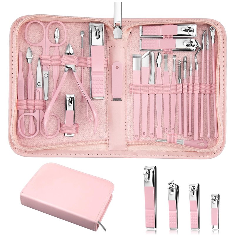 MINKINH 26-Piece Professional Manicure Set，Features Stainless Steel Tools, Carbon Steel Clippers & Travel Case for Women's Home and Travel Grooming(Pink)