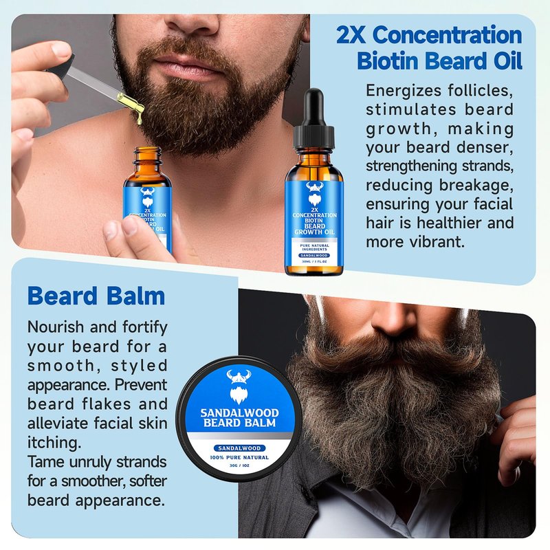 Beard Growth Oil & Beard Balm - Beard Growth Kit with 2X Concentration Biotin for Men, Natural Ingredients with Argan Oil, Jojoba Oil and Vitamin (Sandalwood)