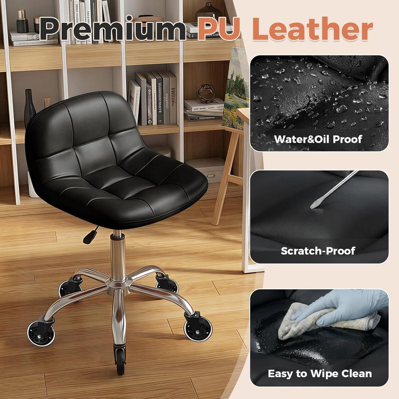 Height Adjustable Rolling Stool Chair - Comfortable PU Leather Cushion | Ideal for Home Office, Salon, Garage, Black