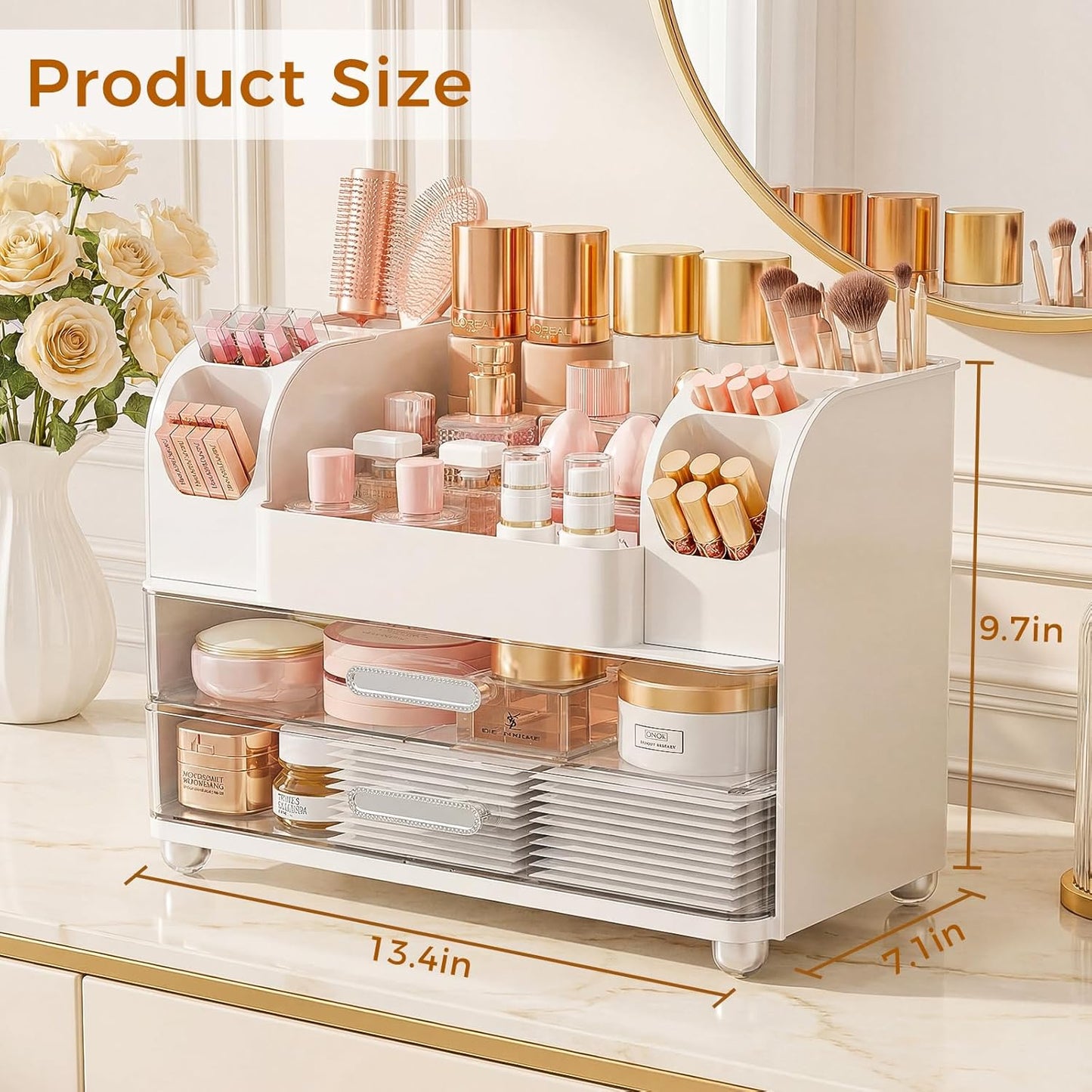 Makeup Organizer - Large Vanity Storage with Drawers | Skincare, Brush Holder & Perfume Display (White)