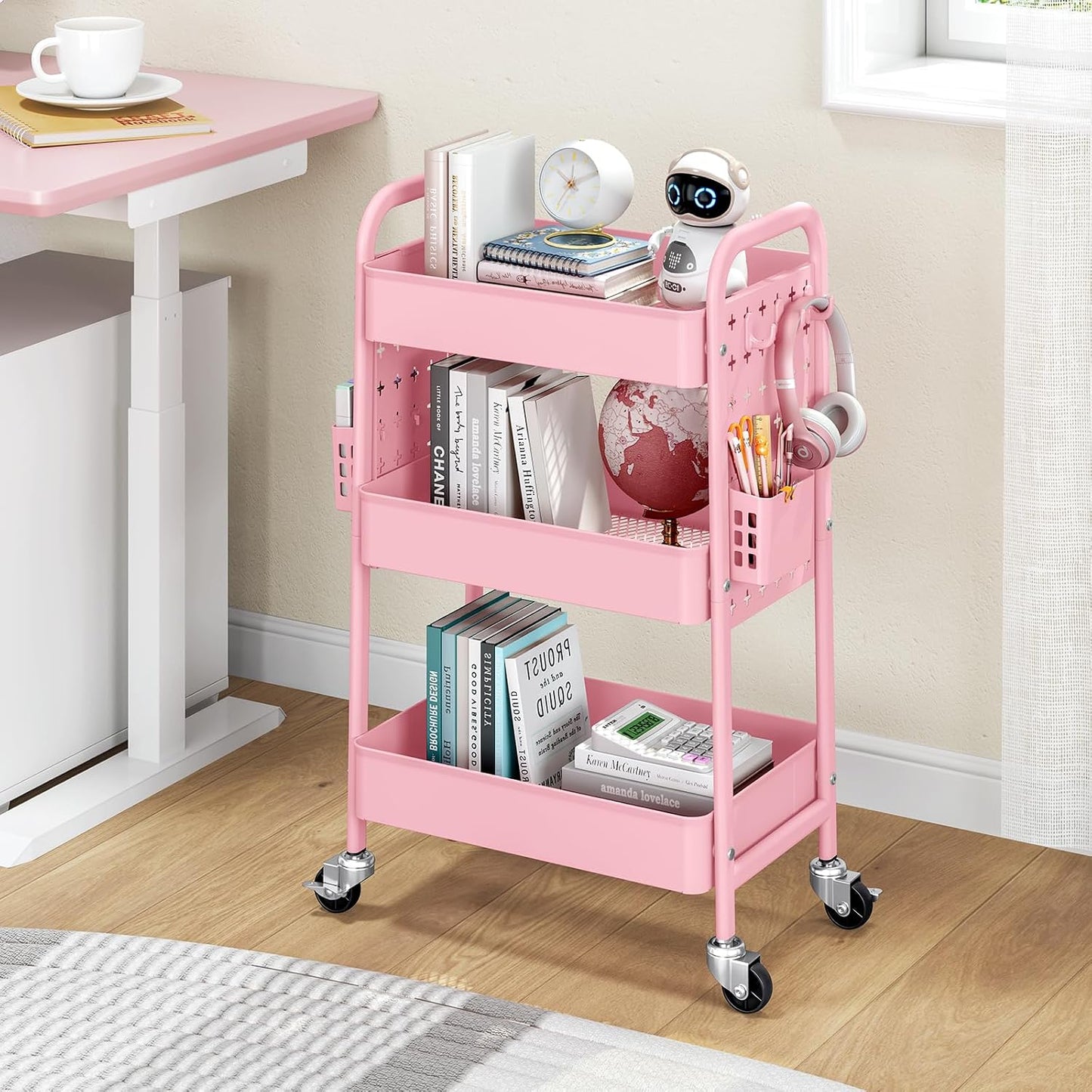 Metal Rolling Storage Cart - 3-Tier Utility Mobile Trolley with DIY Pegboards & Baskets | Pure Pink