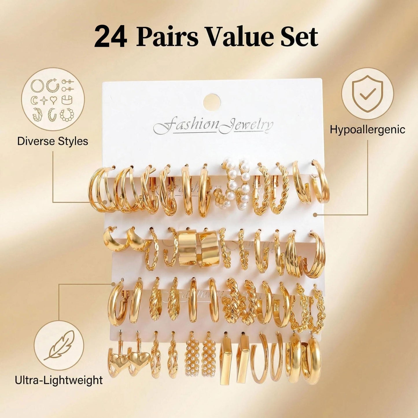 24 Pairs Gold Hoop Earrings Set for Women - Hypoallergenic Chunky Chain Twisted Hoop Earrings Pack, Fashion Lightweight Dangle Earrings Jewelry Set Gift