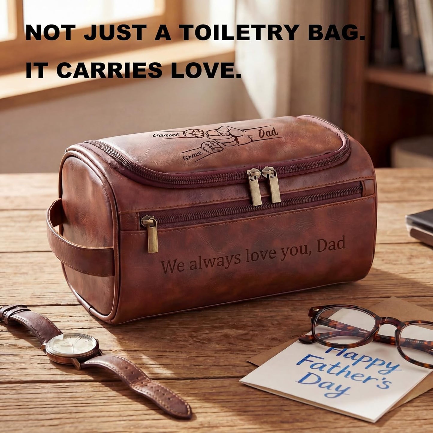Personalized Leather Toiletry Bag for Men - Custom Engraved Gift | Ideal for Travel, Fathers Day, Husband, Boyfriend