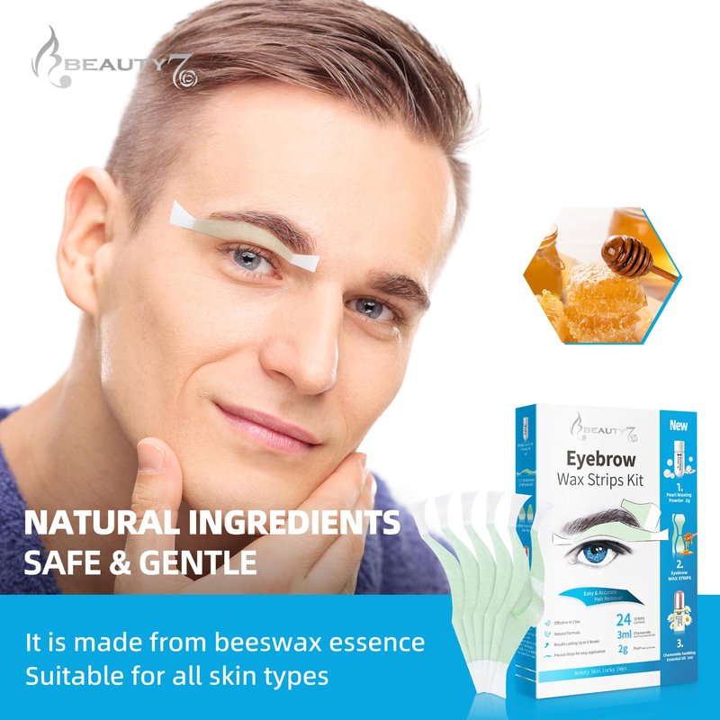 Beauty7 Men's Eyebrow Wax Strips Facial Wax Strips Hair Removal at Home Waxing Strips 24 pcs with Pearl Powder Essential Oil for Sensitive All Skin Types for Men