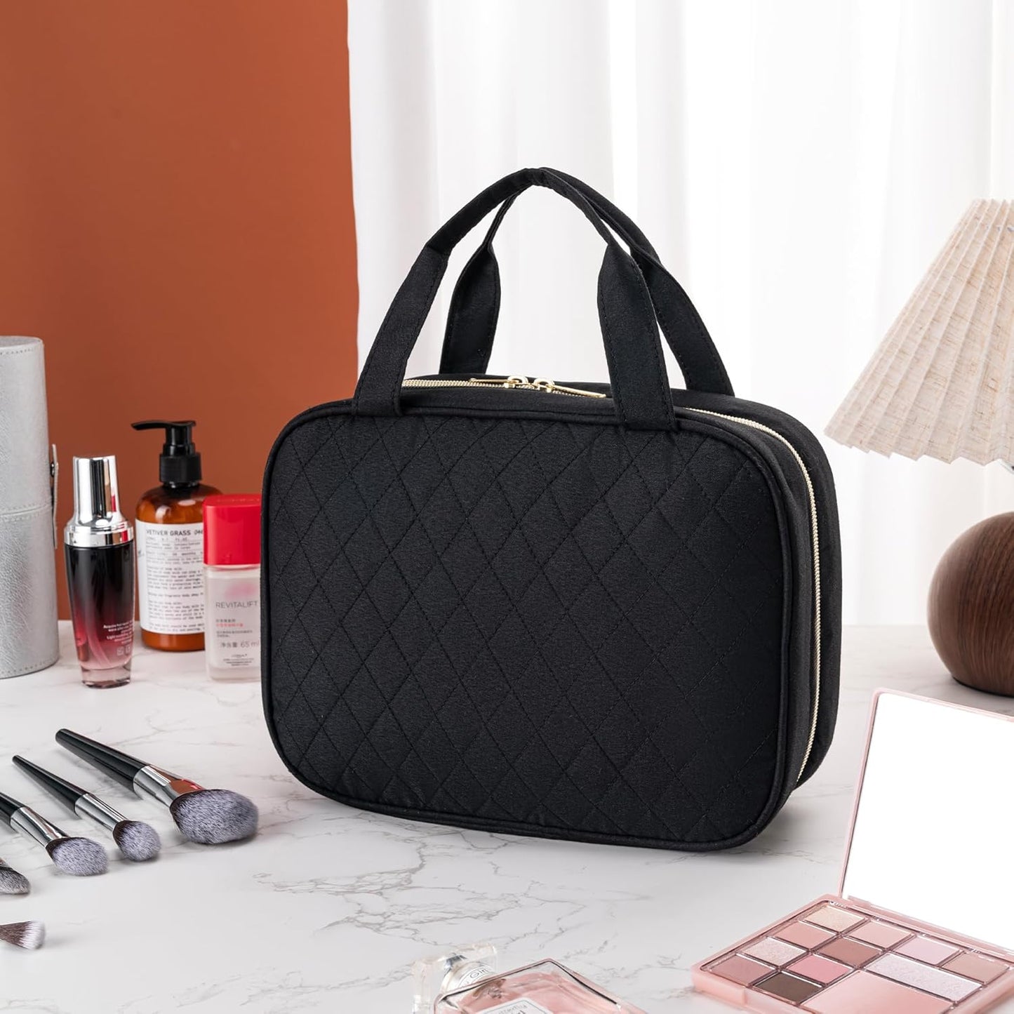 Travel Toiletry Bag - Waterproof Hanging Makeup Organizer for Women | Full-Size Cosmetic Storage (Black)