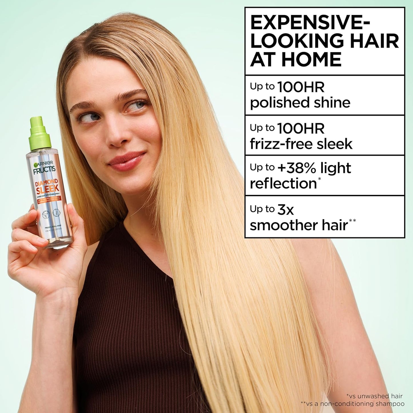 Garnier Fructis Diamond Sleek Hair Shine Spray | 100-Hour Frizz Control & Heat Protectant with Vegan Keratin, 4.6 Fl Oz