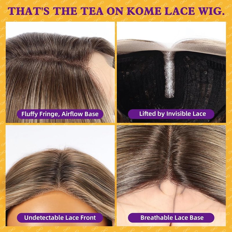 Ash Brown Highlight Synthetic Lace Front Wig - T Part Glueless Layered Wavy Style with Bangs | 26 Inch Heat Resistant for Daily & Party Use