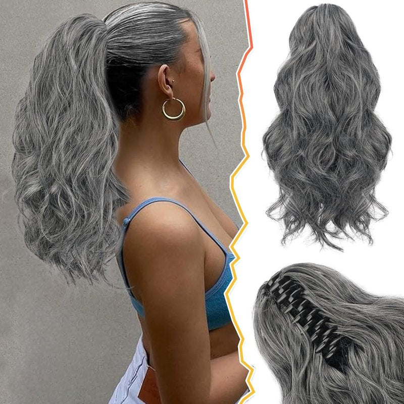 Claw Clip Ponytail Extensions - 14 Inch Wavy Gray Synthetic Hairpiece | Black & Gray Mix