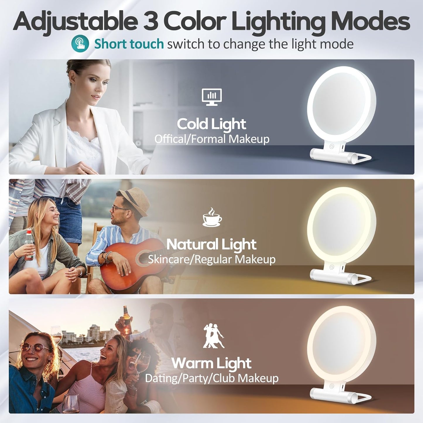 Magnifying Makeup Mirror with Light - 30X Double-Sided, 3 Color Modes | Foldable Travel Design (9" L x 7" W)