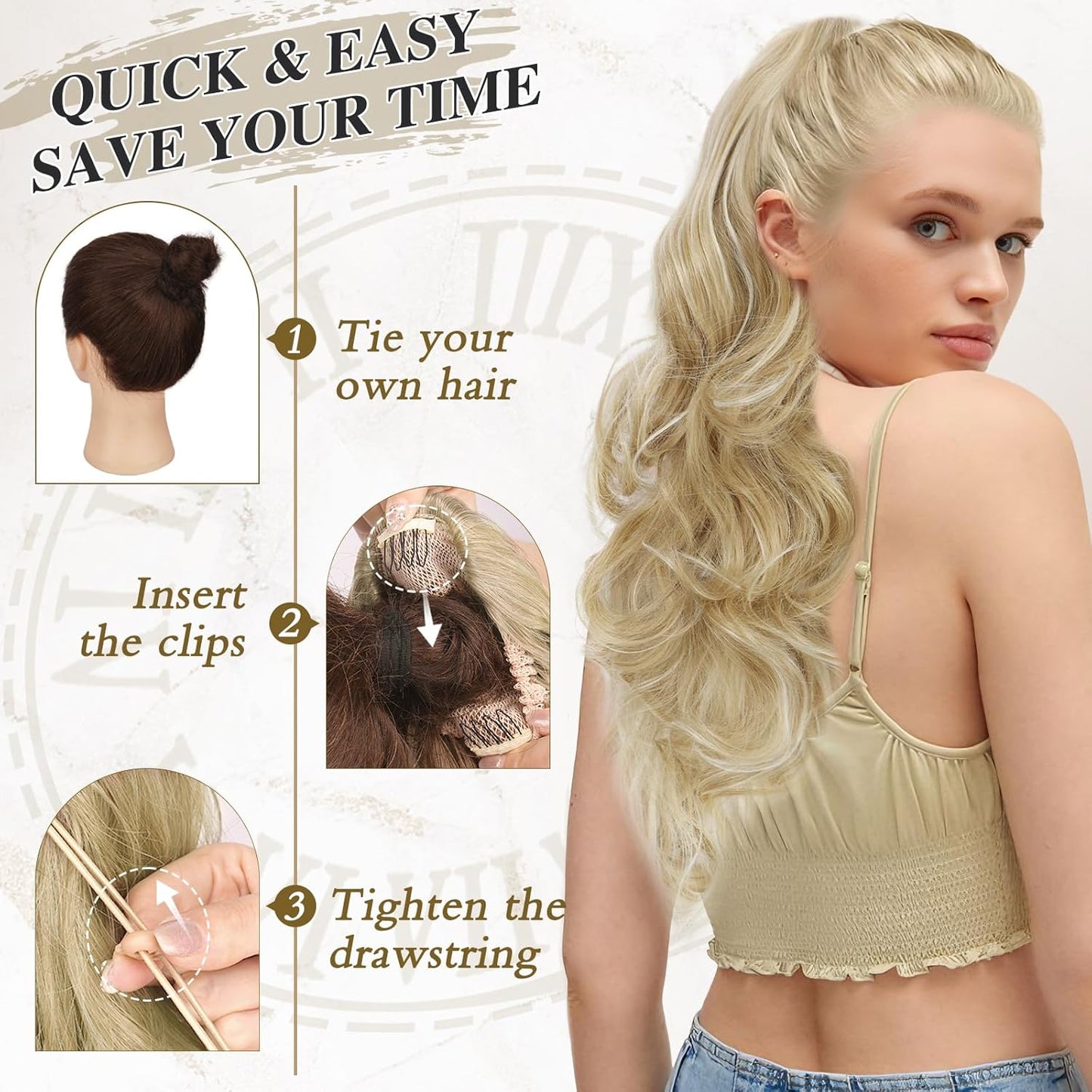 Blonde Ponytail Extension - 20 Inch Curly Wavy Drawstring Hairpiece | Platinum Blonde Synthetic Ponytail for Women