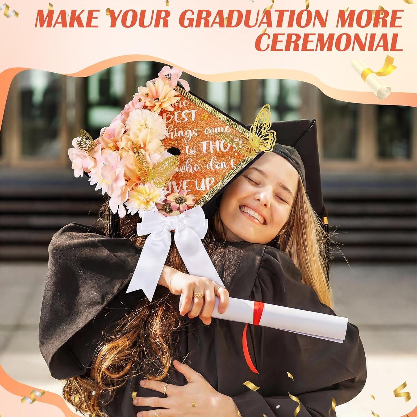 DIY Graduation Cap Decorations Kit - 40 Pcs with Flowers, 3D Butterflies & Rhinestones | Orange