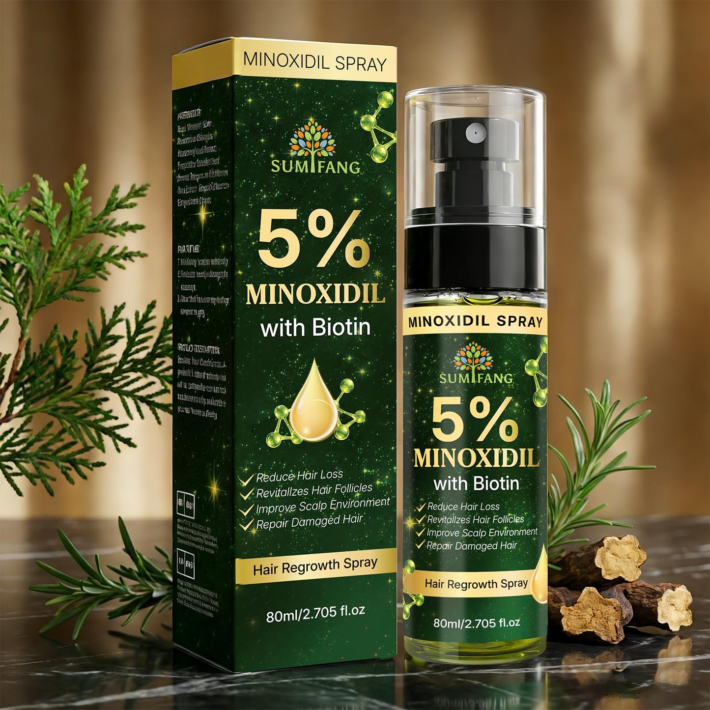 SUMIFANG 5% Minoxidil for Men & Women Hair Growth Biotin Serum with Rosemary for Hair Beard Regrowth Treatments, Unscented Topical Minoxidil Spray 80ML for Faster Stronger Thicker Hair Growth