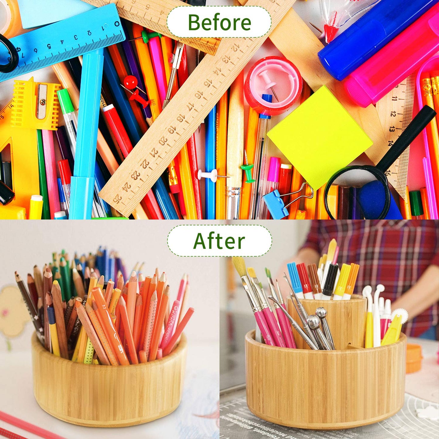 Utoplike Bamboo Rotating Art Supply Desk Organizer, Pencil Holder Desktop