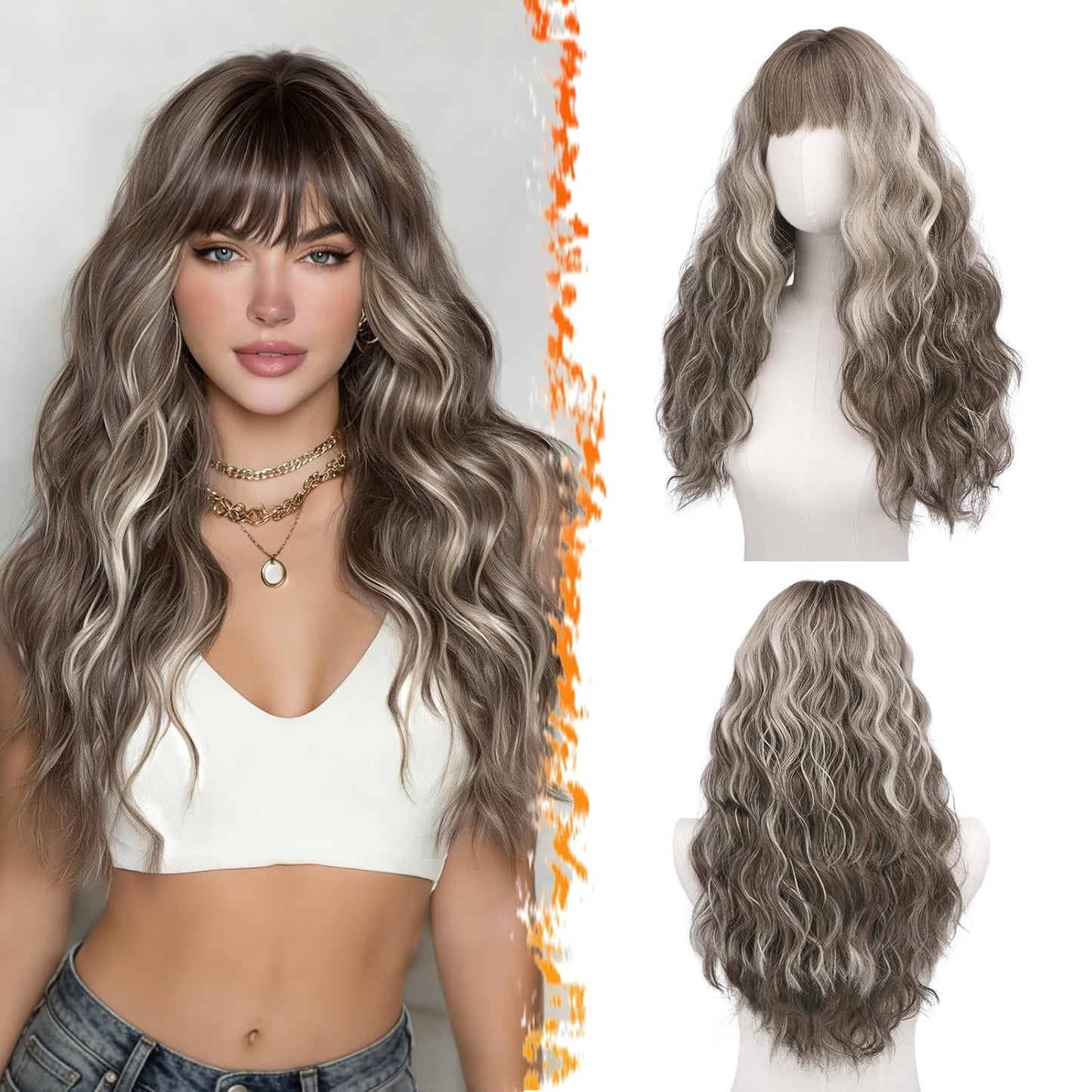 Long Wavy Blonde Curtain Bangs Wig - 26" Synthetic Ombre Wig with Dark Roots | Soft Natural Look