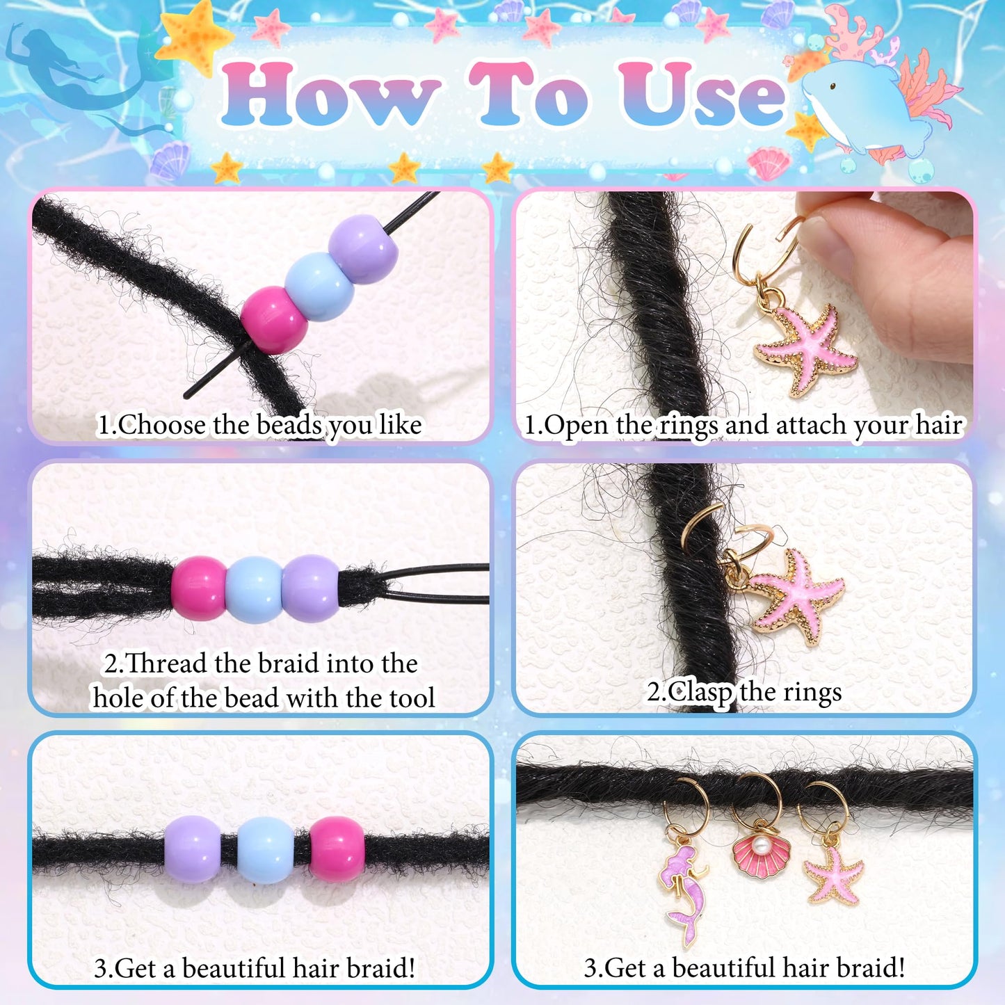 NAISKA 70PCS Pink Blue Beads for Braids Starfish Seashell Hair Charms Colorful Loc Beads Sets Mermaid Hair Jewelry Cute Multi-styles Hair Accessories for Kids Girls