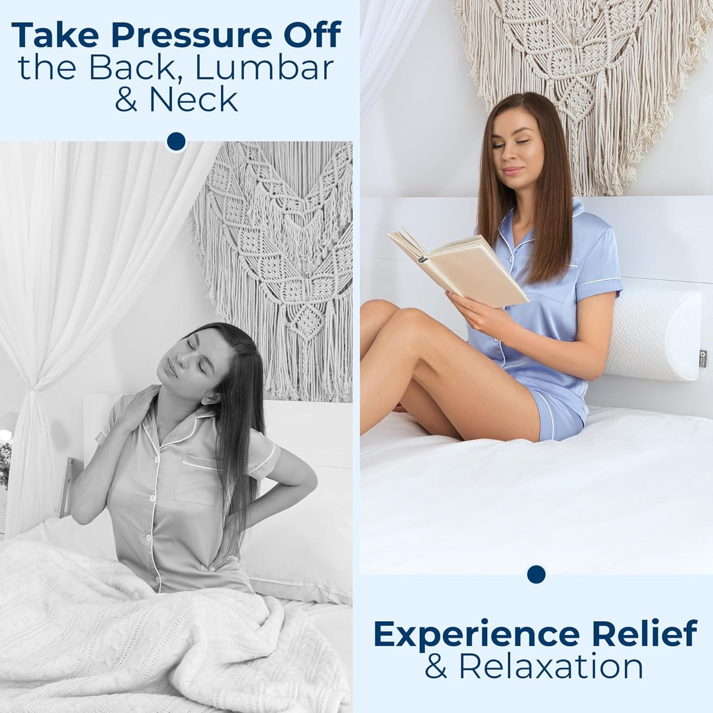 Knee Pillow for Back Sleeping - Memory Foam Half Moon Bolster Pillow for Legs | White