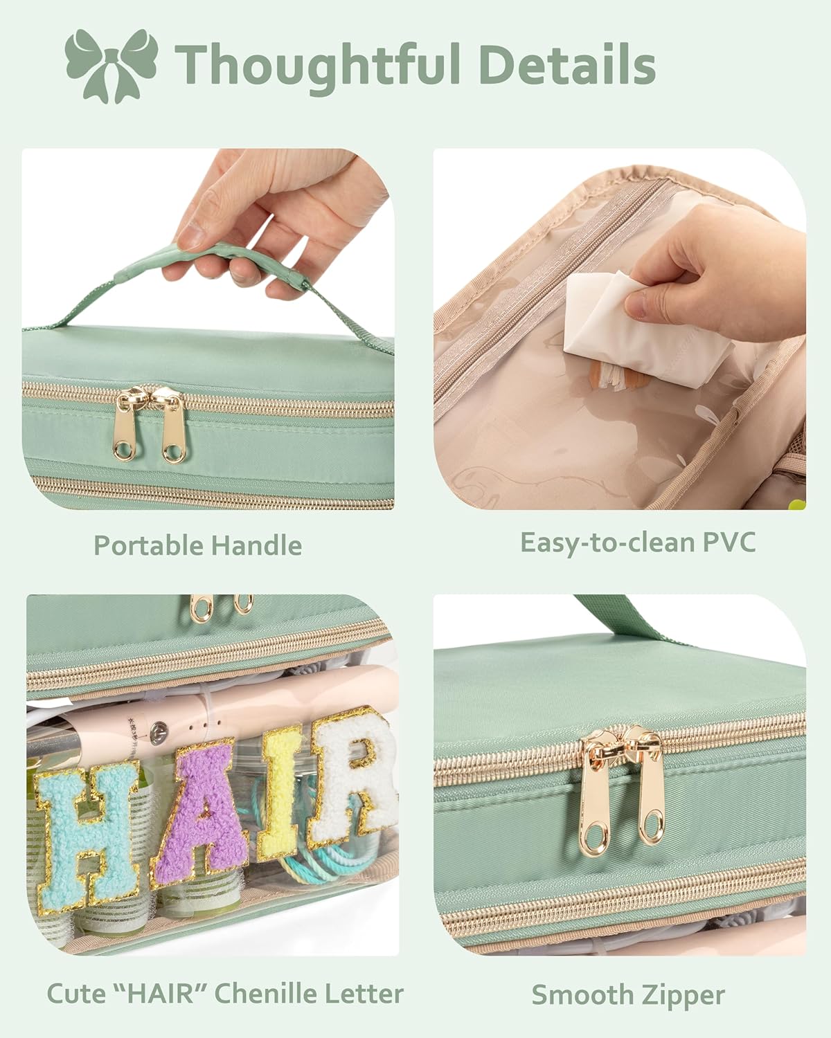 Double Layer Hair Accessories Organizer - Preppy Patch Makeup Bag | Portable Travel Cosmetic Pouch for Women - Green