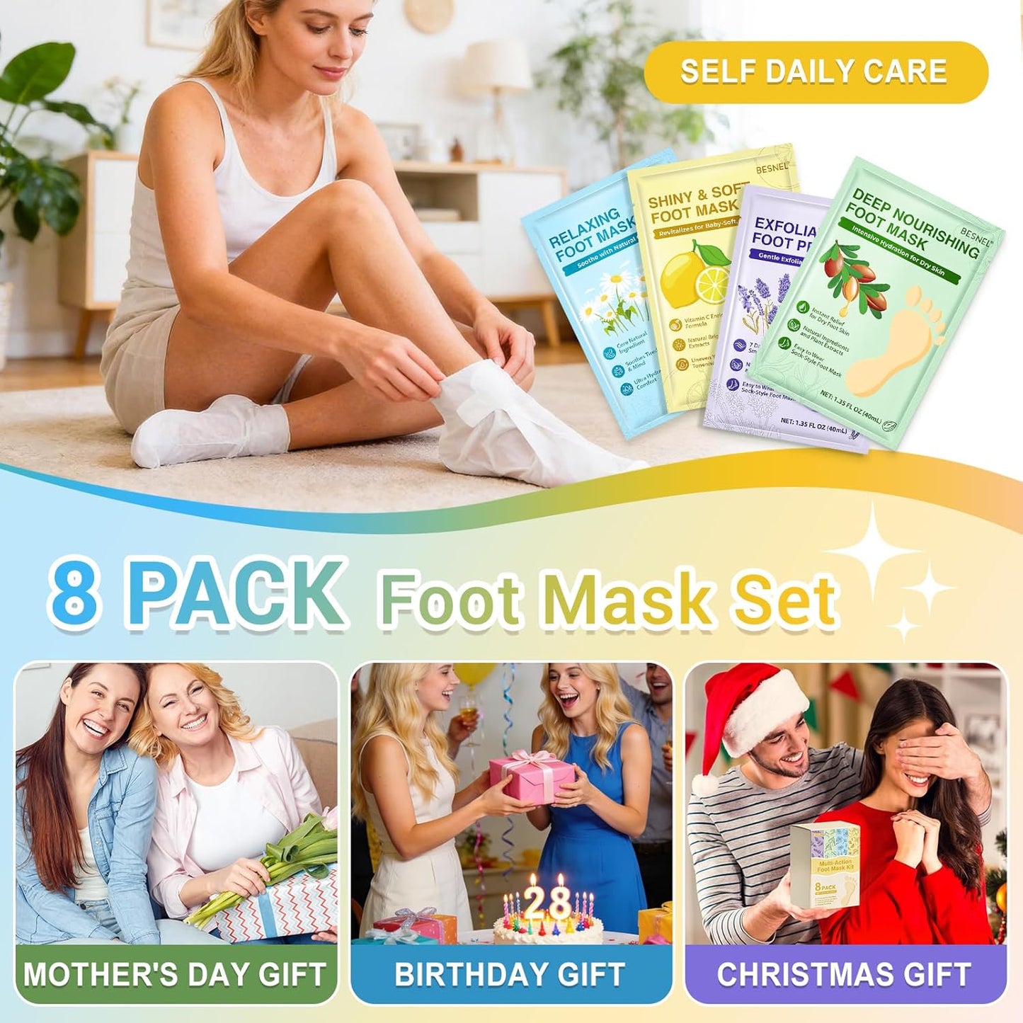 Moisturizing Foot Mask - Hydrating Socks for Dry Cracked Feet | 8 Pack, Baby Soft Skin, Spa Gift Set
