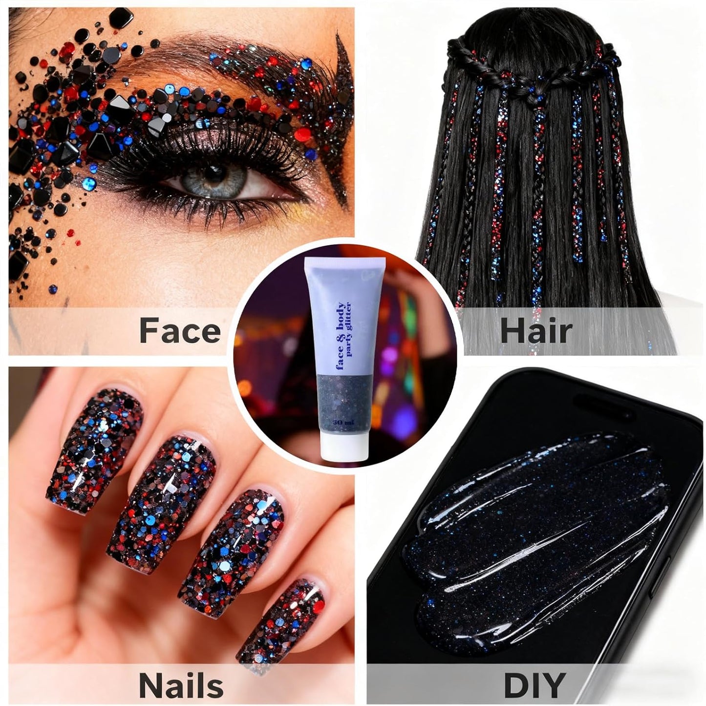 Black Glitter Gel - Chunky Holographic Hair Glitter Stick for Kids & Women | Waterproof Face, Body & Nail Sequins for Halloween, Cosplay & Festivals
