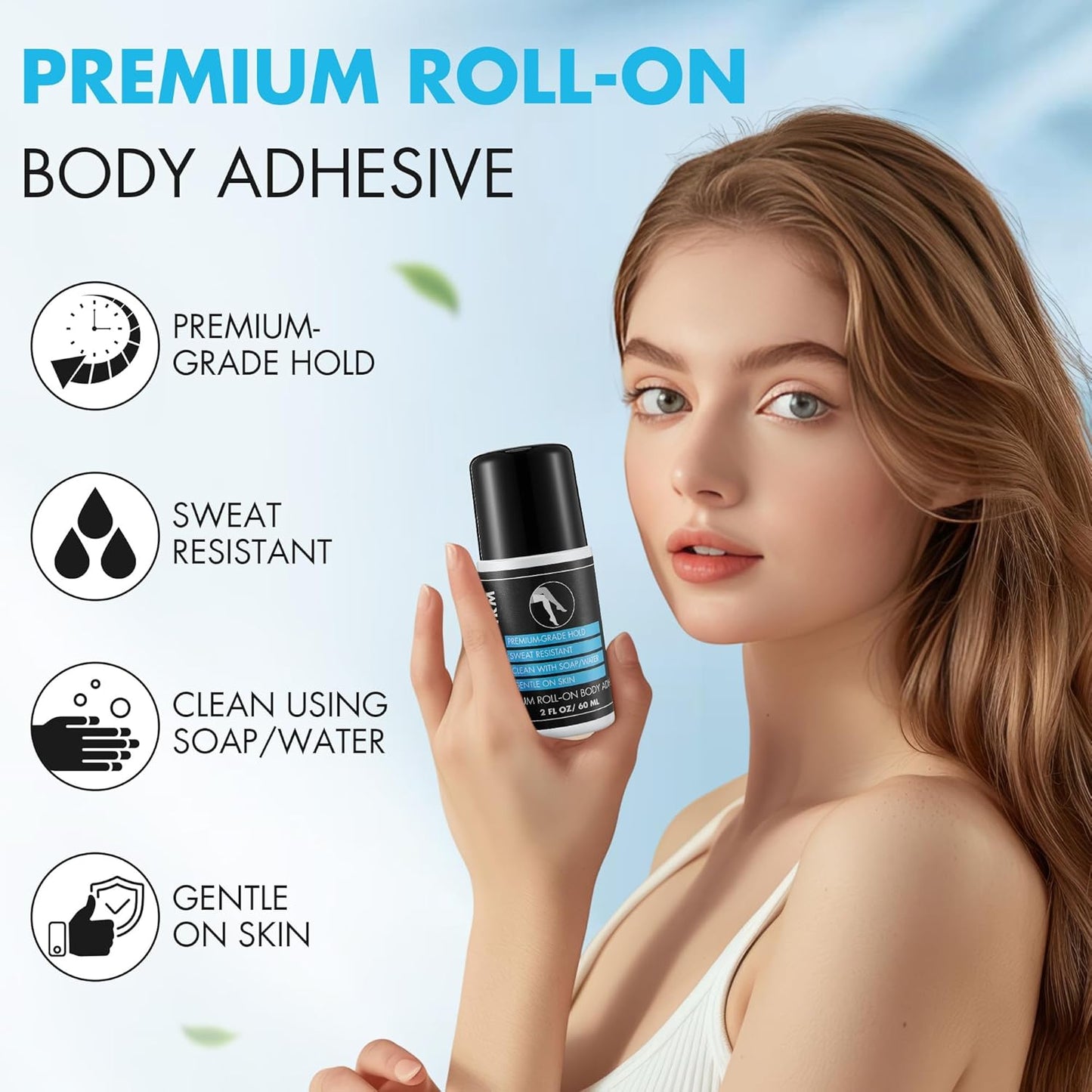 Metal Roll-On Body Glue - Sweat Resistant Adhesive for Dancers | 2 Oz, Residue-Free Skin Adhesive