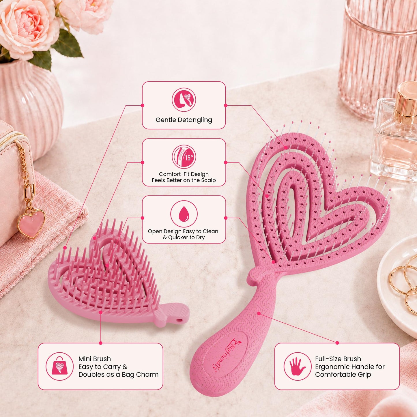 Biofriendly Heart-Shaped Detangling Hair Brush Set, Large & Mini, Dew Mint