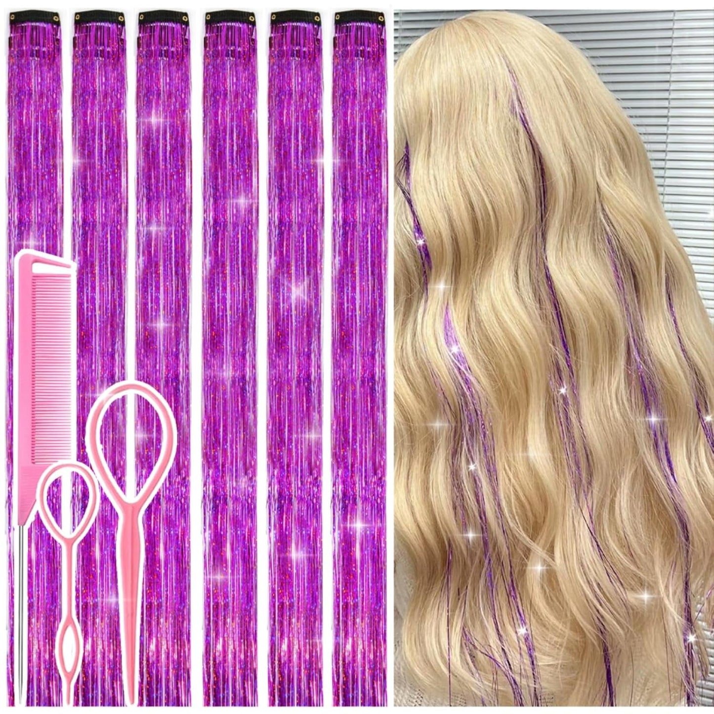 Hair Tinsel Kit - 12 Pcs Colorful Glitter Clip-In Extensions | 24 Inch for Girls, Women & Kids