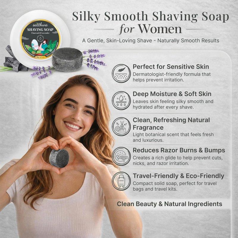 Satthwa Organic Shaving Soap Puck infused with Charcoal & Lavender | Create the Perfect Lather | Excellent for Silky Smooth Shaves | Cleansing & Nourishing, For Men & Women - 50gx2 (1.7oz x2)
