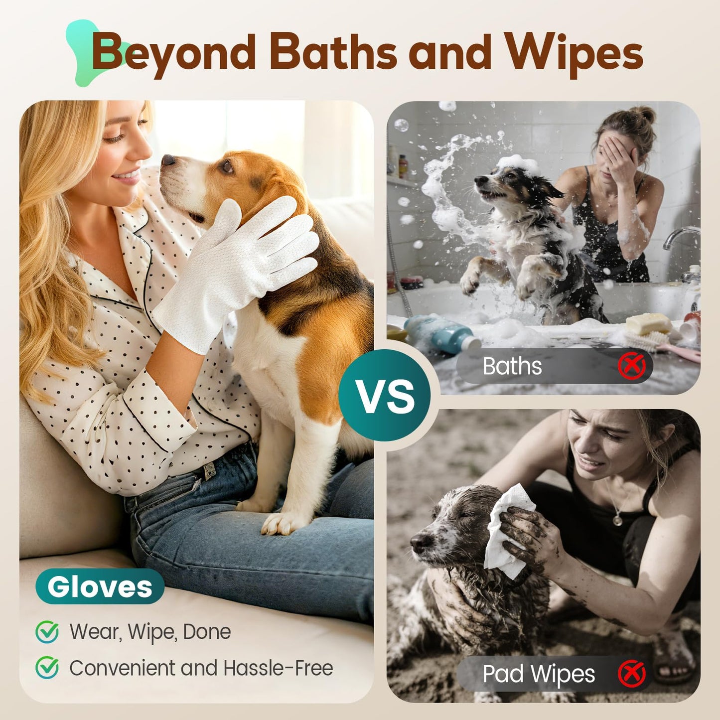 Cupofpet Pet Glove Wipes for Dogs and Cats, No-Rinse Dog Cleaning Gloves, Unscented Thick Glove Wipes for Waterless Cleaning, Daily Care & Travel, 30 Count